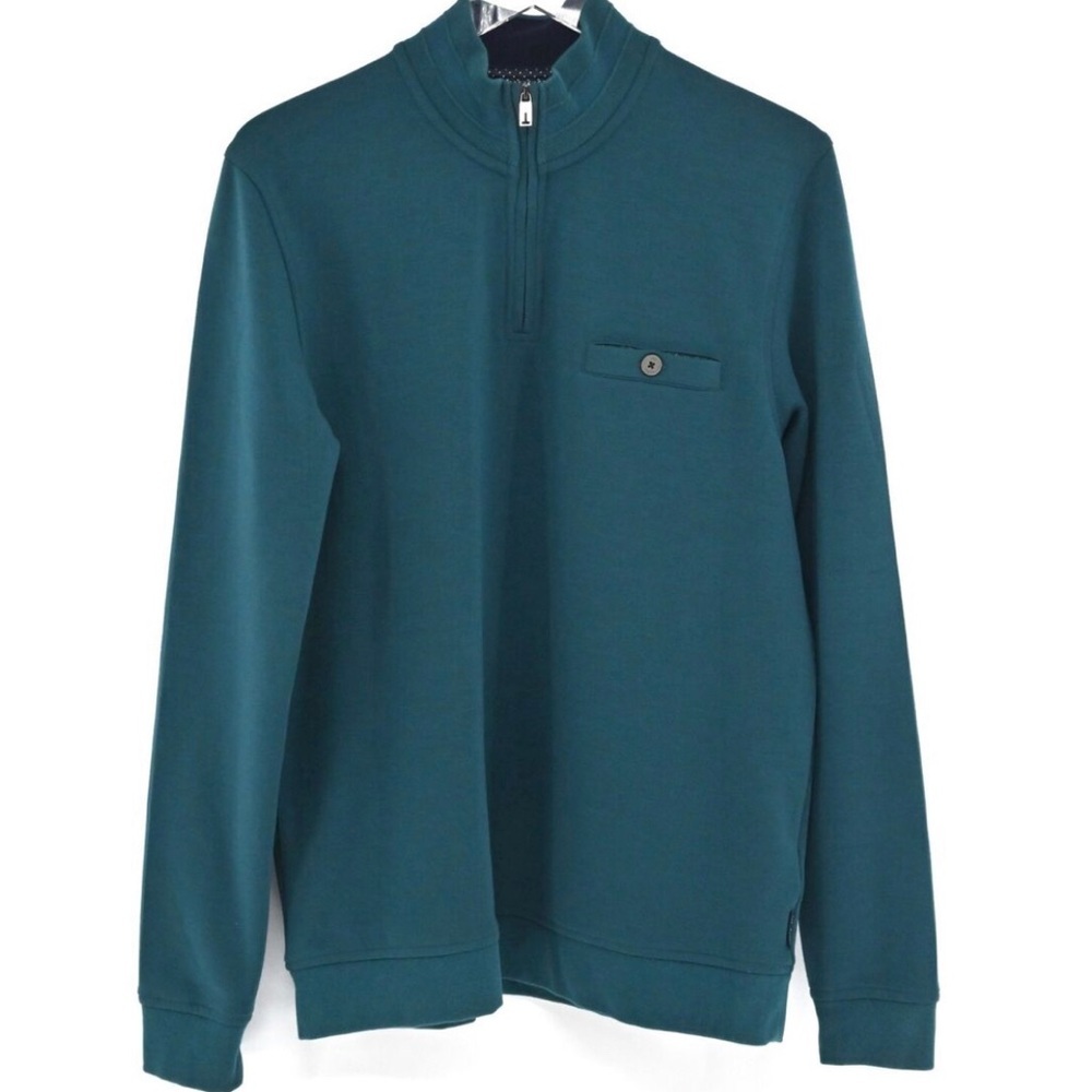 Ted Baker Teal Pull Over 1/4 Zip Long Sleeve Casual Peper Trim Sz Med